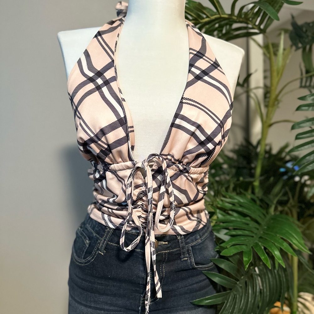 Beige halter top plaid design tied halter top| backless crop top